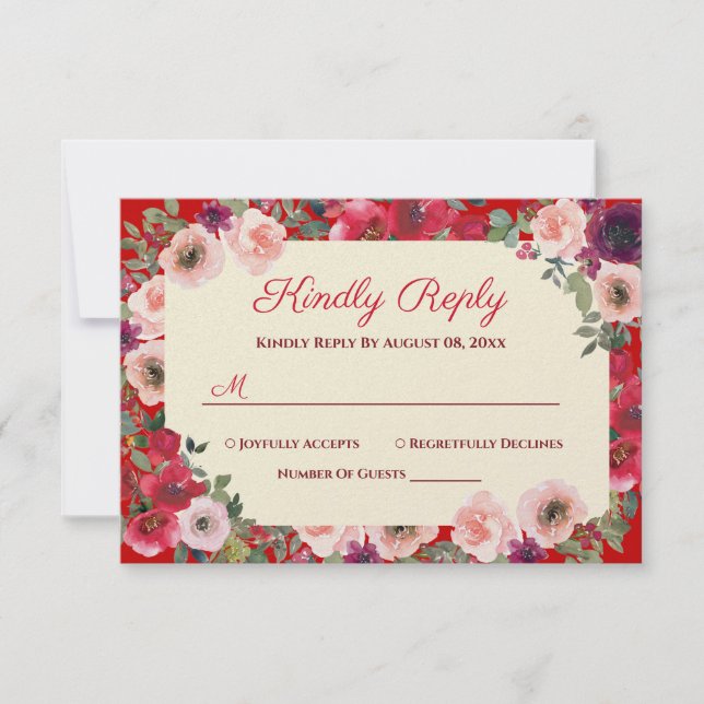 Chinese wedding red purple floral garden RSVP card (Front)