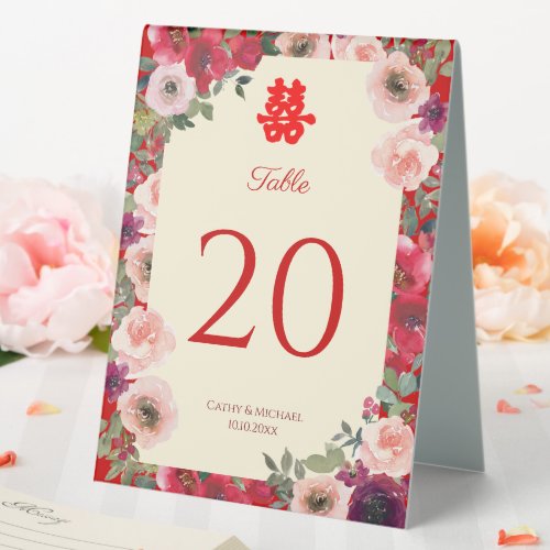 Chinese wedding red purple floral table number table tent sign