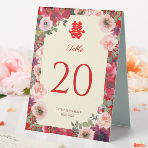Chinese wedding red purple floral table number tent