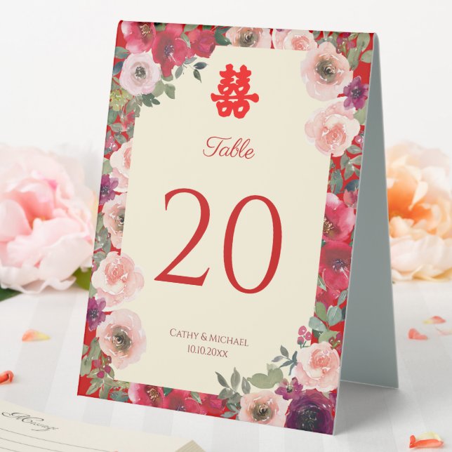 Chinese wedding red purple floral table number tent (In SItu (Wedding))