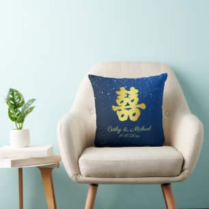 Chinese wedding snowflake double happiness blue throw pillow