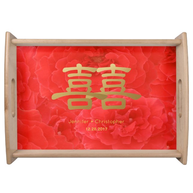 Chinese Wedding Tea Set Red Rose Double Happiness Serving Tray (Front)
