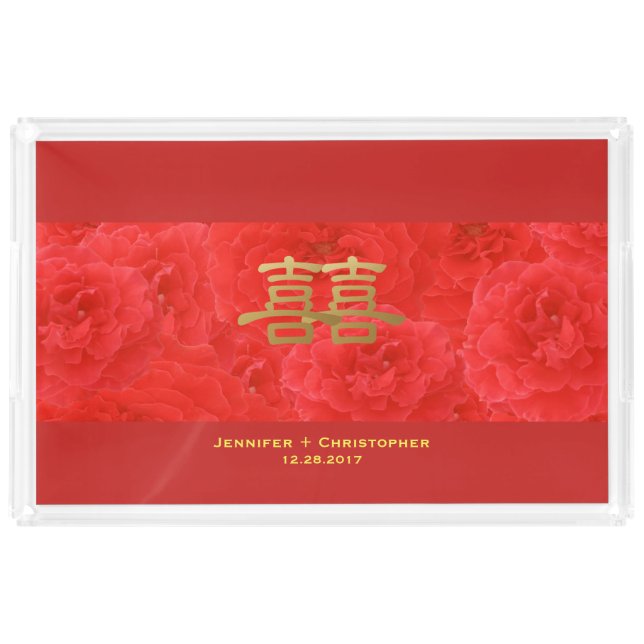 Chinese Wedding Tea Set Sweet Red Rose Custom Acrylic Tray (Front)