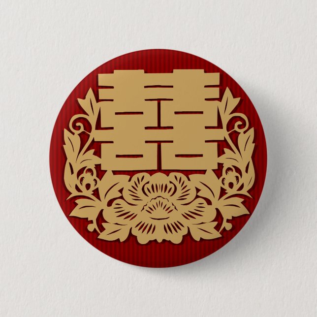 Chinese wedding with double happiness and flower pinback button (Front)