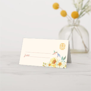 Chinese wedding yellow floral bird elegant place card