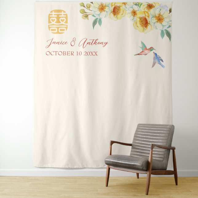 Chinese wedding yellow floral bird photo backdrop (In Situ)