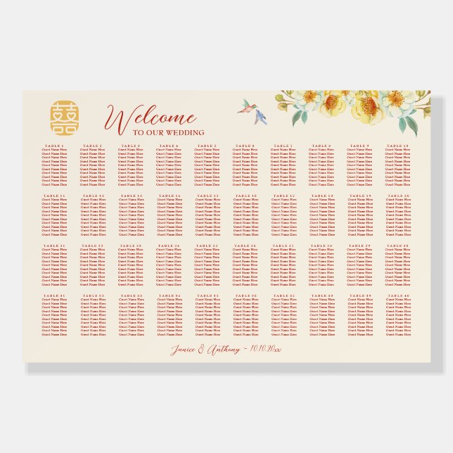 Chinese wedding yellow floral bird seating chart foam board (Front)