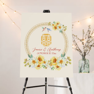 Chinese wedding yellow floral bird welcome sign