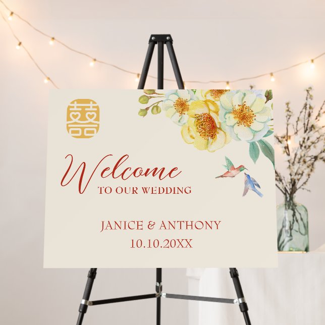 Chinese wedding yellow floral bird welcome sign (In Situ (Stand))