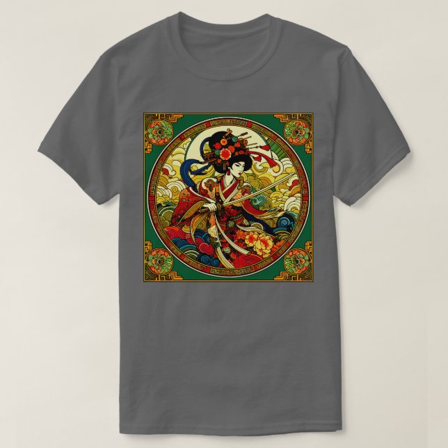 Chinese Woman Swordfighter in Art Deco Style T-Shirt (Design Front)