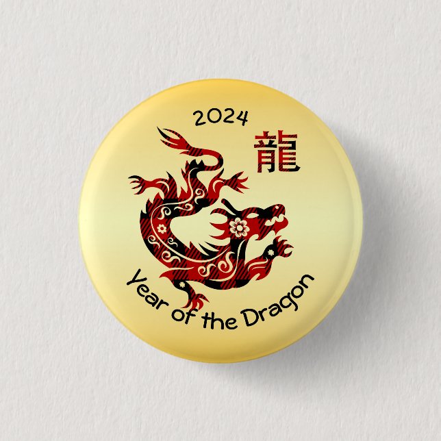 Chinese Year Of The Dragon - Buffalo Plaid Button (Front)