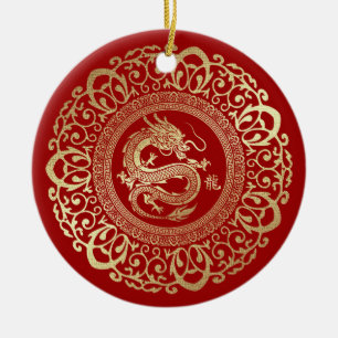 Chinese Year of the Dragon Custom Year Red Gold Ceramic Ornament