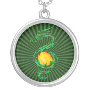 Chinese Year of the Dragon Jade Green Silver Plated Necklace