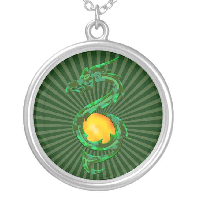 Chinese Year of the Dragon Jade Green Silver Plated Necklace (Front)