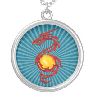 Chinese Year of the Dragon Metalic Red Silver Plated Necklace