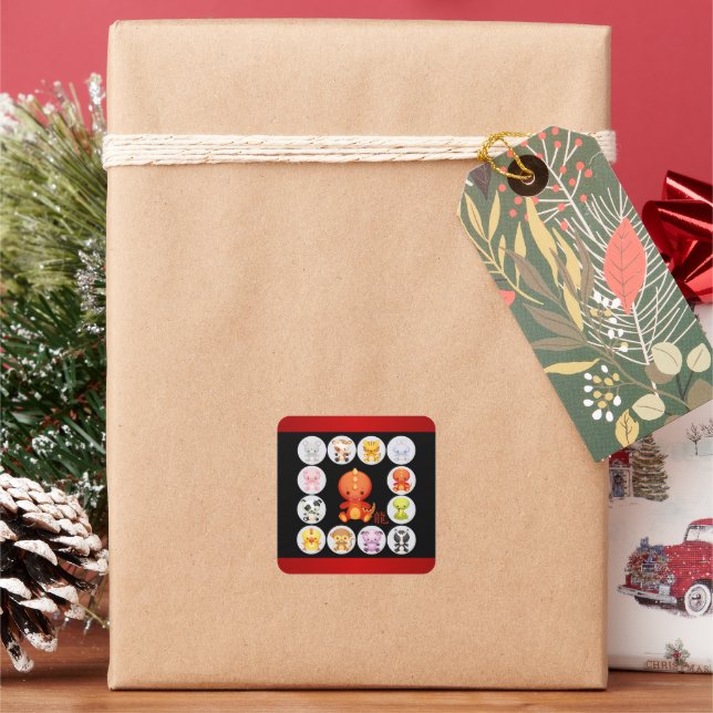 Chinese Year of the Dragon Red and Black Square Sticker (Holiday)