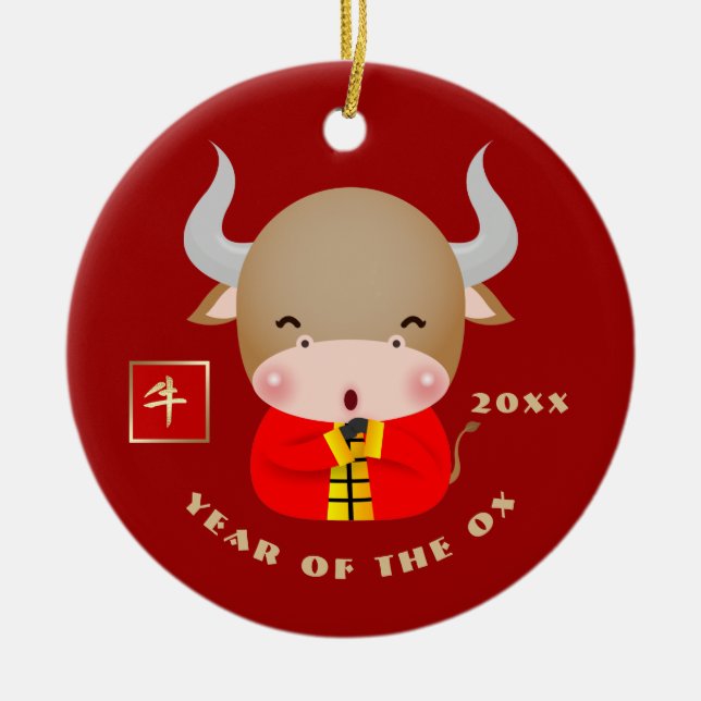 Chinese Year of the Ox Gift Ceramic Ornament (Front)