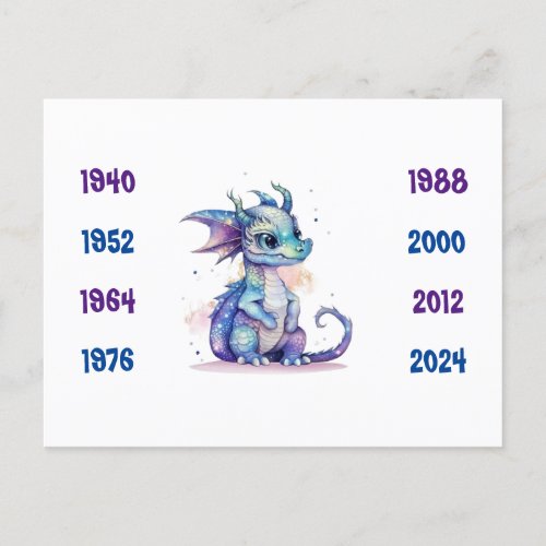 Chinese Years of the Dragon blue 1940 to 2024 Postcard