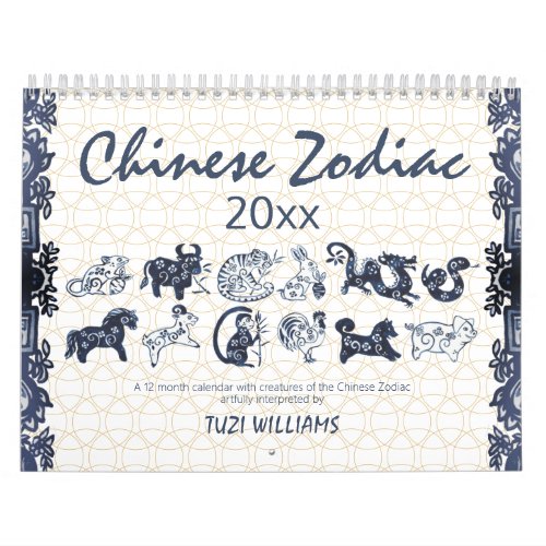 Chinese Zodiac Animals Blue White Minimal Custom C Calendar