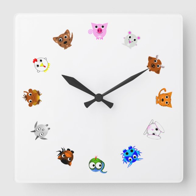 Chinese Zodiac Animals (rotated) Square Wall Clock (Front)