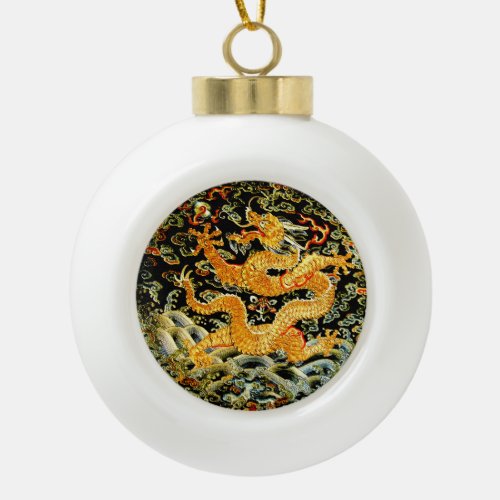 Chinese zodiac antique embroidered golden dragon ceramic ball christmas ornament