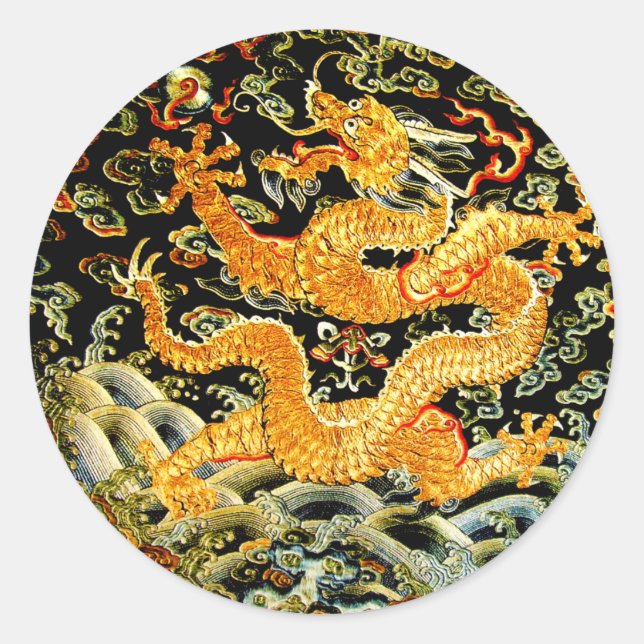 Chinese zodiac antique embroidered golden dragon classic round sticker (Front)