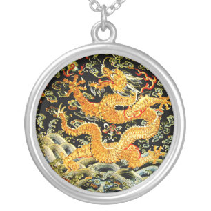 Chinese zodiac antique embroidered golden dragon silver plated necklace