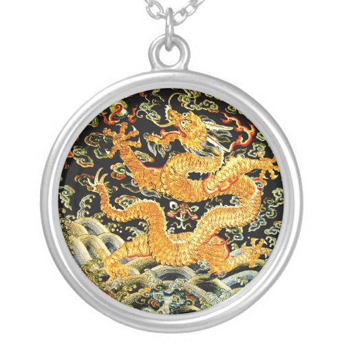 Chinese zodiac antique embroidered golden dragon silver plated necklace