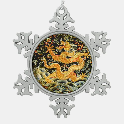 Chinese zodiac antique embroidered golden dragon snowflake pewter christmas ornament