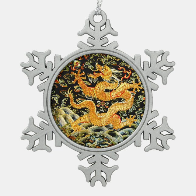 Chinese zodiac antique embroidered golden dragon snowflake pewter christmas ornament (Front)