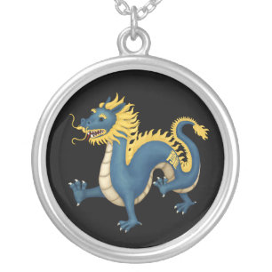 Chinese Zodiac Dragon Astrology Sign Black Silver Plated Necklace