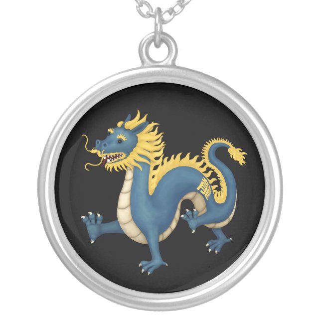 Chinese Zodiac Dragon Astrology Sign Black Silver Plated Necklace (Front)