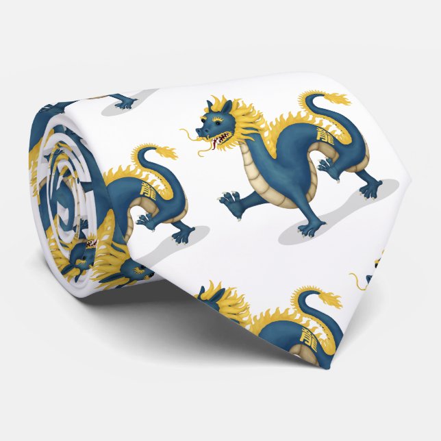 Chinese Zodiac Dragon Cute Astrology Sign White Neck Tie (Rolled)