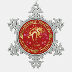 Chinese Zodiac Dragon Red/Gold ID542 Snowflake Pewter Christmas Ornament