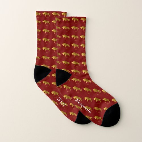 Chinese Zodiac New Year of the Ox Monogram Rust Socks