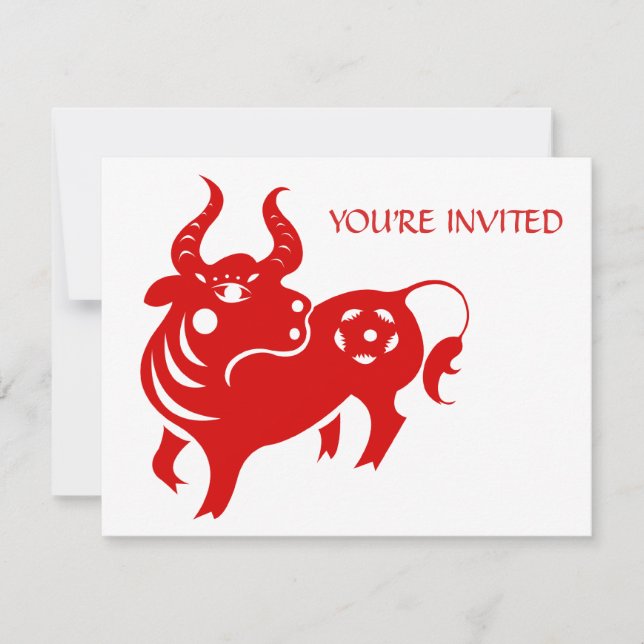 CHINESE ZODIAC OX PAPERCUT ILLUSTRATION INVITATION (Front)