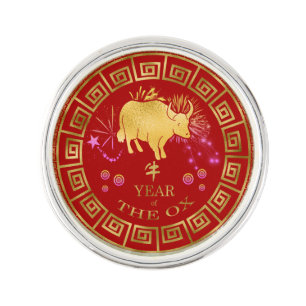 Chinese Zodiac Ox Red/Gold ID542 Lapel Pin