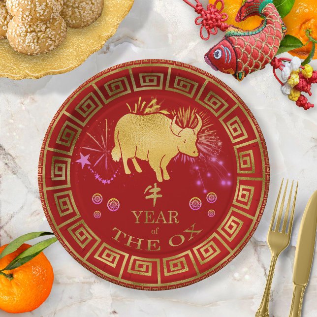 Chinese Zodiac Ox Red/Gold ID542 Paper Plates (Creator Uploaded)