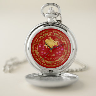 Chinese Zodiac Ox Red/Gold ID542 Pocket Watch