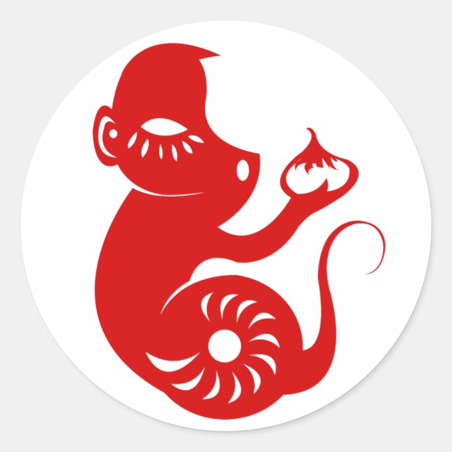 CHINESE ZODIAC PAPERCUT MONKEY ILLUSTRATION CLASSIC ROUND STICKER (Front)