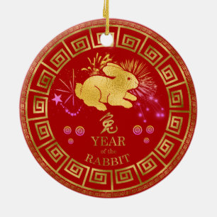 Chinese Zodiac Rabbit Red/Gold ID542 Ceramic Ornament