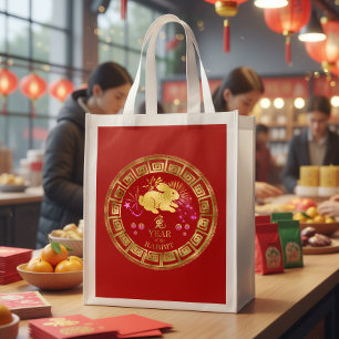 Chinese Zodiac Rabbit Red/Gold ID542 Grocery Bag