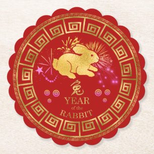 Chinese Zodiac Rabbit Red/Gold ID542 Paper Coaster