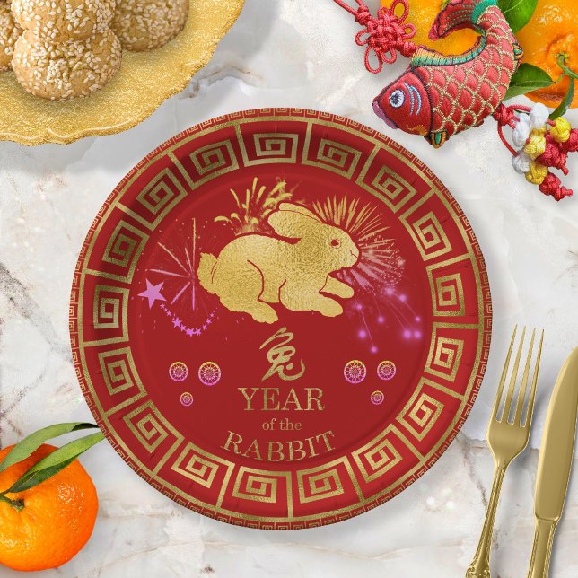 Chinese Zodiac Rabbit Red/Gold ID542 Paper Plates (Creator Uploaded)