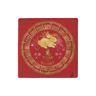 Chinese Zodiac Rabbit Red/Gold ID542 Stone Magnet