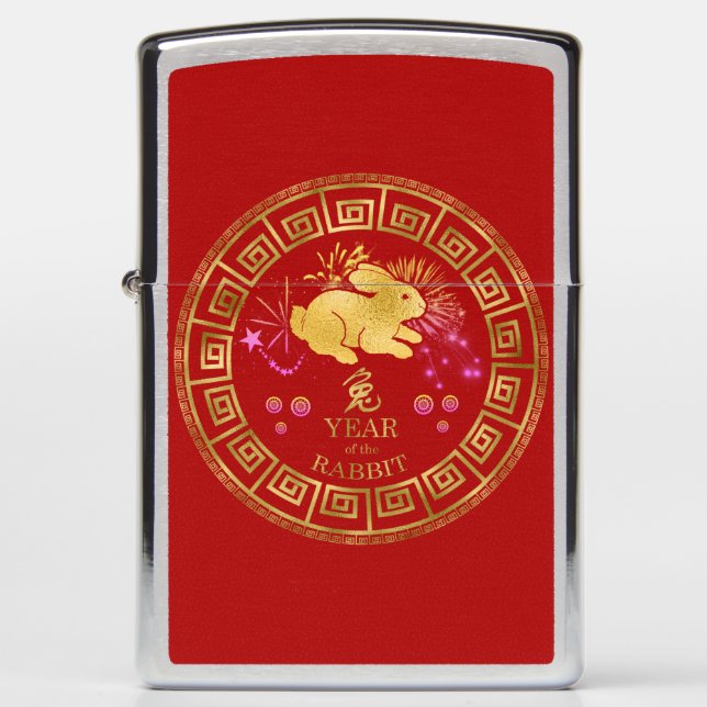 Chinese Zodiac Rabbit Red/Gold ID542 Zippo Lighter (Front)