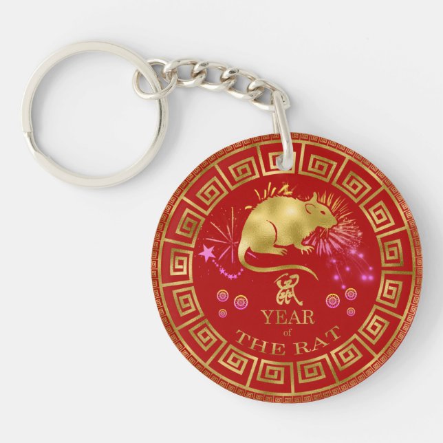 Chinese Zodiac Rat Red/Gold ID542 Keychain (Front)