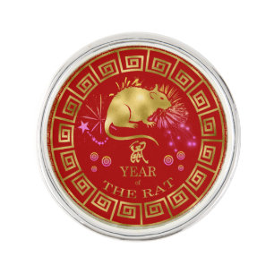 Chinese Zodiac Rat Red/Gold ID542 Lapel Pin