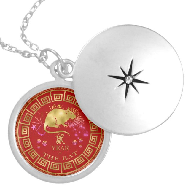 Chinese Zodiac Rat Red/Gold ID542 Locket Necklace (Front)