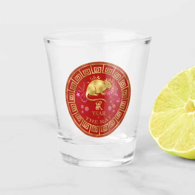 Chinese Zodiac Rat Red/Gold ID542 Shot Glass (Front)